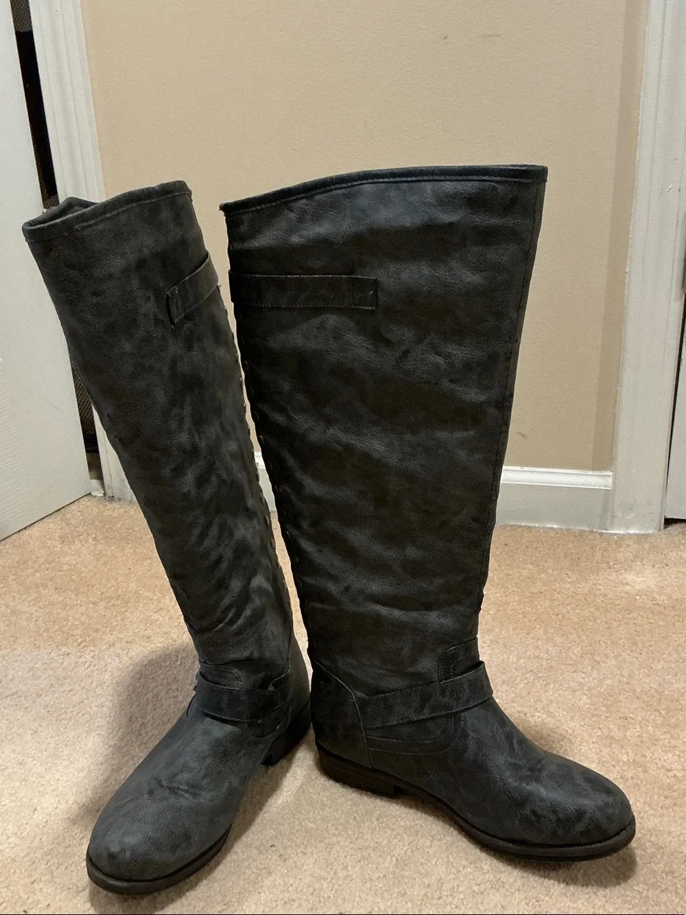 Women's Tall Gray Riding Boots with Red Zip Accent- Extra Wide Calf - 91/2